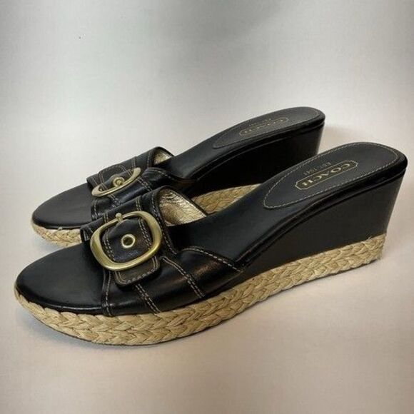 Coach Greer Black Leather Espadrille Wedge Sandals Women Size 11B - Picture 12 of 12